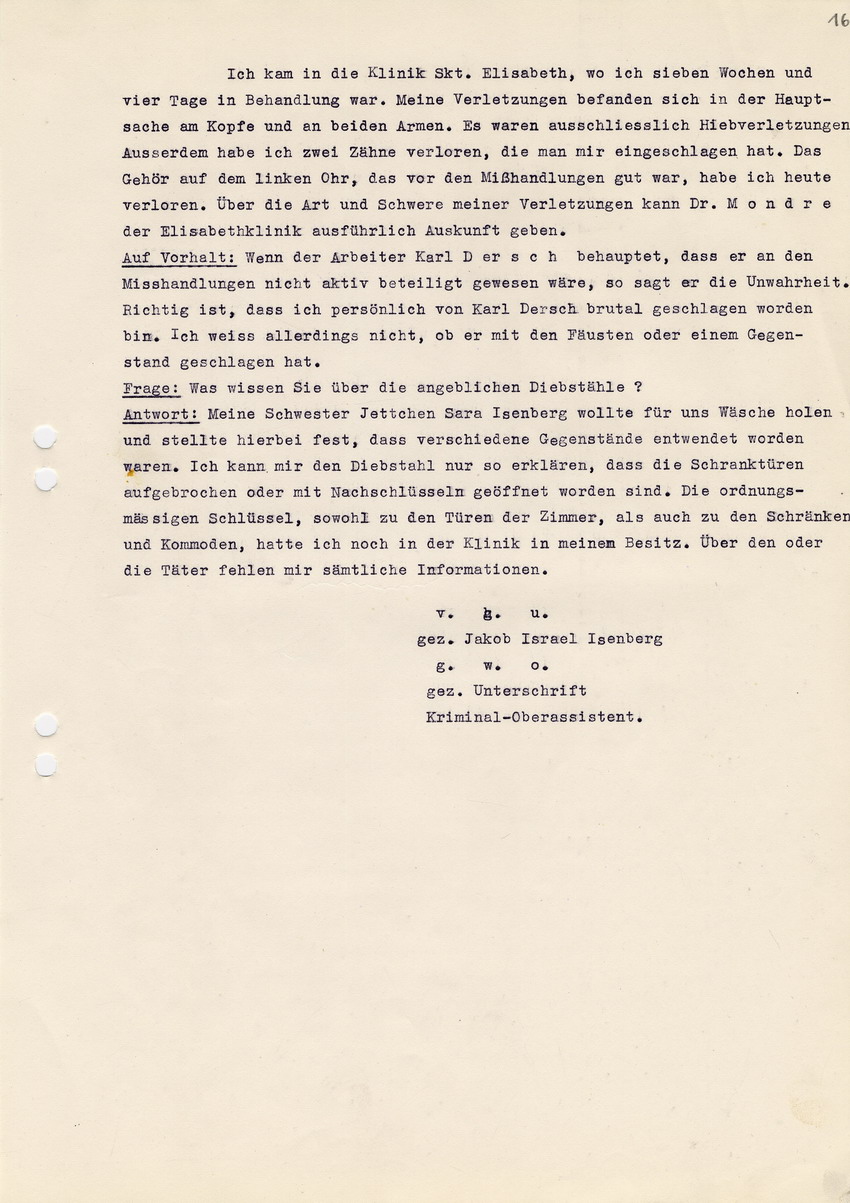 Ortspolizeibehörde Marburg - Kriminalabteilung  an den Herrn Oberstaatsanwalt in Kassel betreffend die Straftat gegen die jüdischen Geschwister Isenberg in Buchenau. Zeugenaussage des Jakob Isenberg. Marburg, 30. November 1939