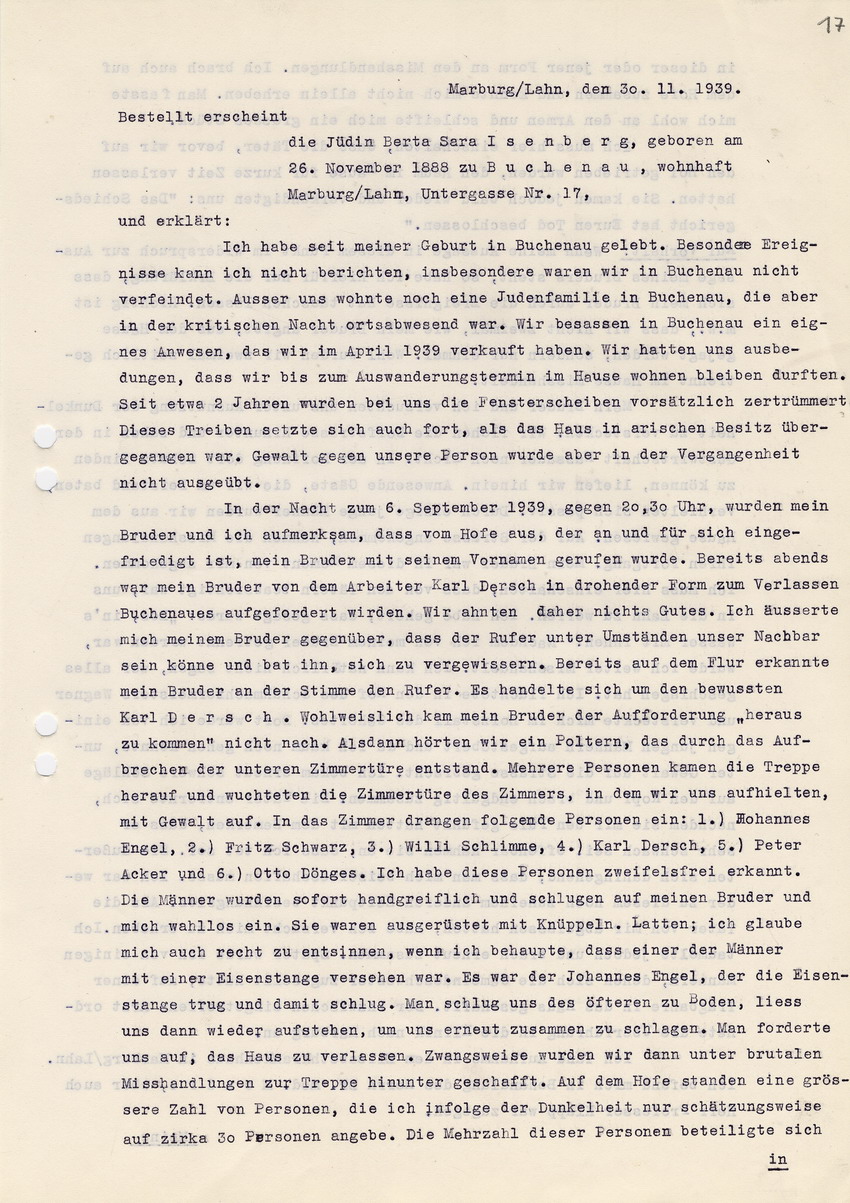 Ortspolizeibehörde Marburg - Kriminalabteilung  an den Herrn Oberstaatsanwalt in Kassel betreffend die Straftat gegen die jüdischen Geschwister Isenberg in Buchenau. Zeugenaussage der Berta Isenberg. Marburg, 30. November 1939