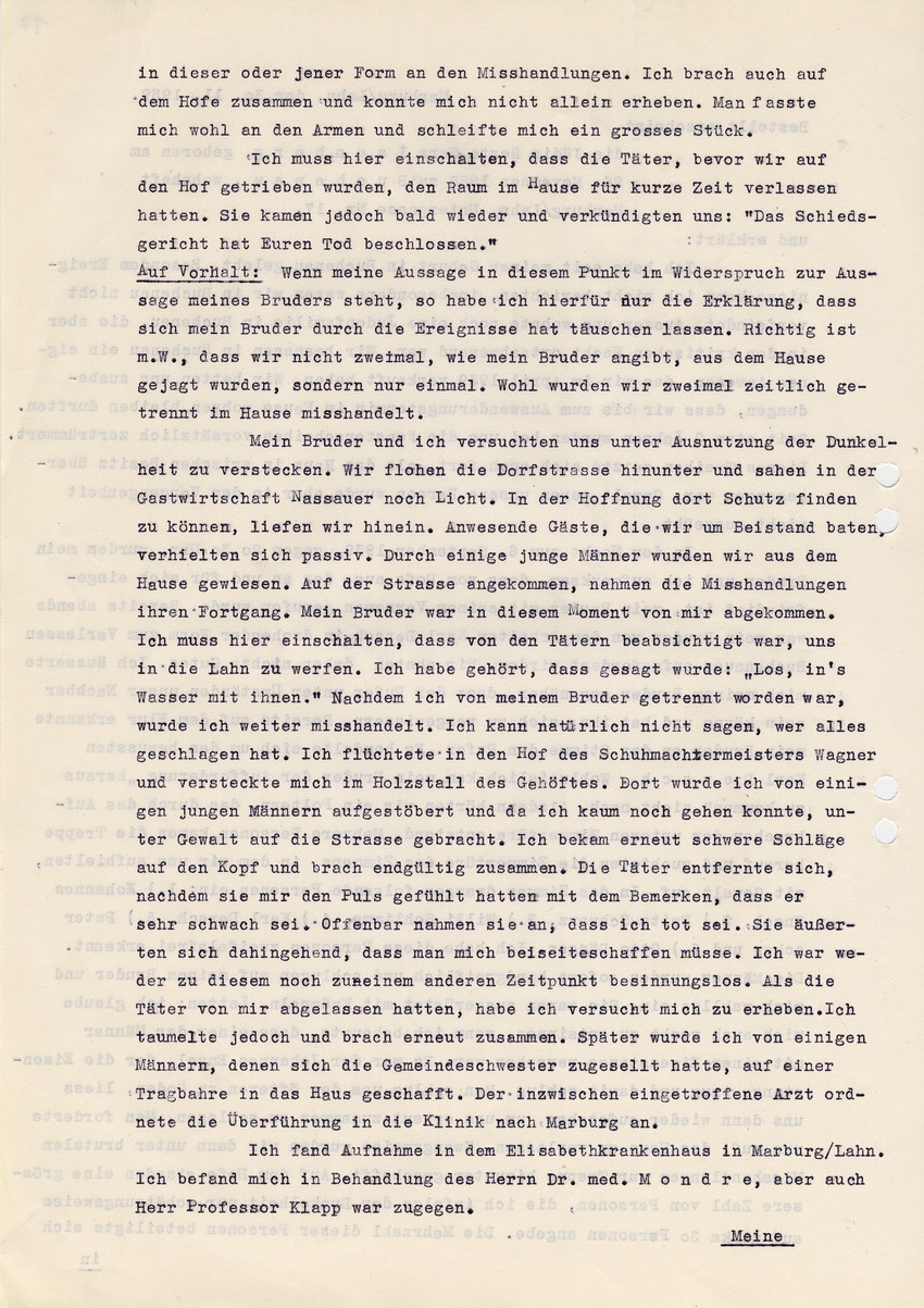 Ortspolizeibehörde Marburg - Kriminalabteilung  an den Herrn Oberstaatsanwalt in Kassel betreffend die Straftat gegen die jüdischen Geschwister Isenberg in Buchenau. Zeugenaussage der Berta Isenberg. Marburg, 30. November 1939