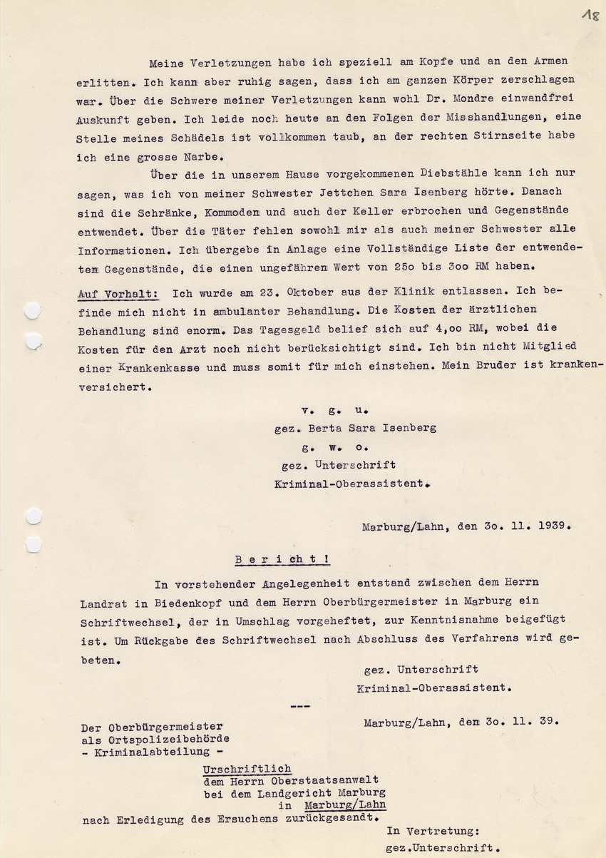 Ortspolizeibehörde Marburg - Kriminalabteilung  an den Herrn Oberstaatsanwalt in Kassel betreffend die Straftat gegen die jüdischen Geschwister Isenberg in Buchenau. Zeugenaussage der Berta Isenberg. Marburg, 30. November 1939