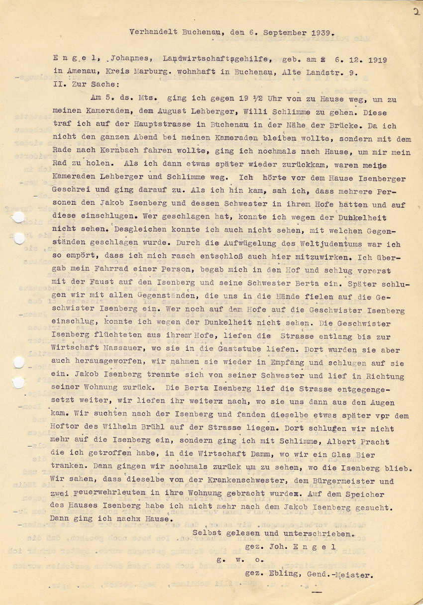 Gendarmerie-Gruppenposten Eckelshausen an den Oberstaaatsanwalt in Marburg betreffend die Straftat gegen die jüdischen Geschwister Isenberg in Buchenau am 05. September 1939 - Aussage Johannes Engels. Eckelshausen, 16. November 1939