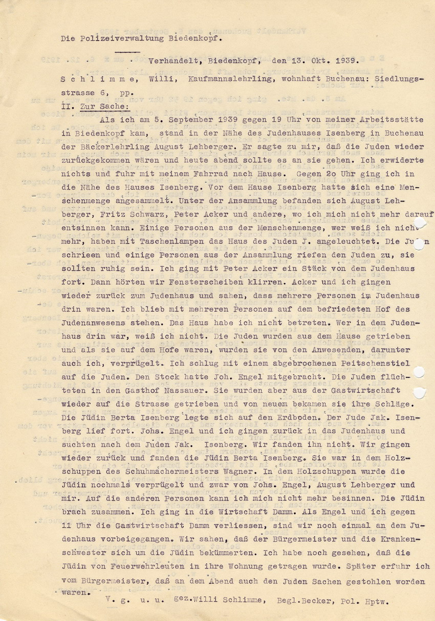 Gendarmerie-Gruppenposten Eckelshausen an den Oberstaaatsanwalt in Marburg betreffend die Straftat gegen die jüdischen Geschwister Isenberg in Buchenau am 05. September 1939 - Aussage Willi Schlimmes. Eckelshausen, 16. November 1939