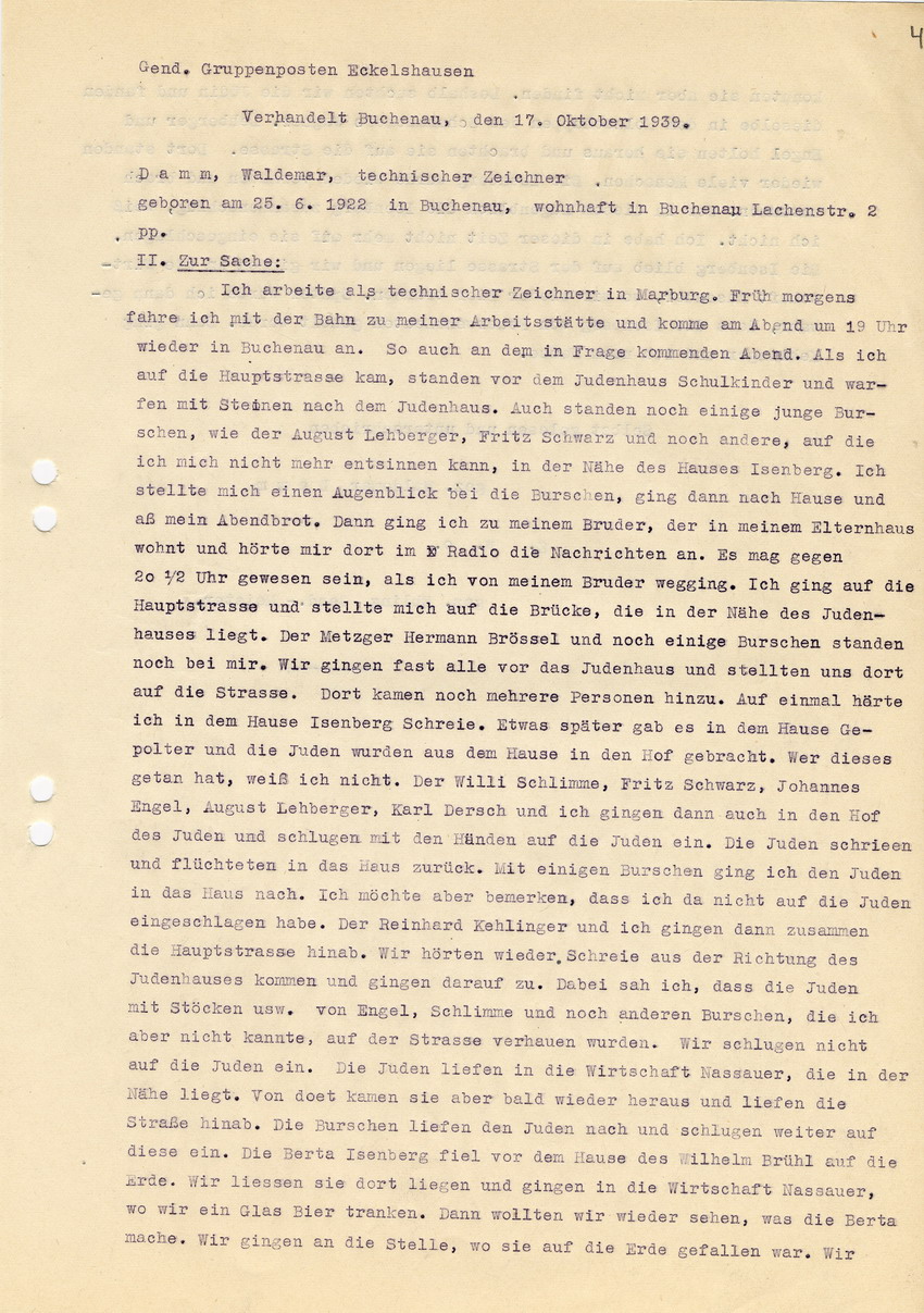 Gendarmerie-Gruppenposten Eckelshausen an den Oberstaaatsanwalt in Marburg betreffend die Straftat gegen die jüdischen Geschwister Isenberg in Buchenau am 05. September 1939 - Aussage Waldemar Damms. Eckelshausen, 16. November 1939