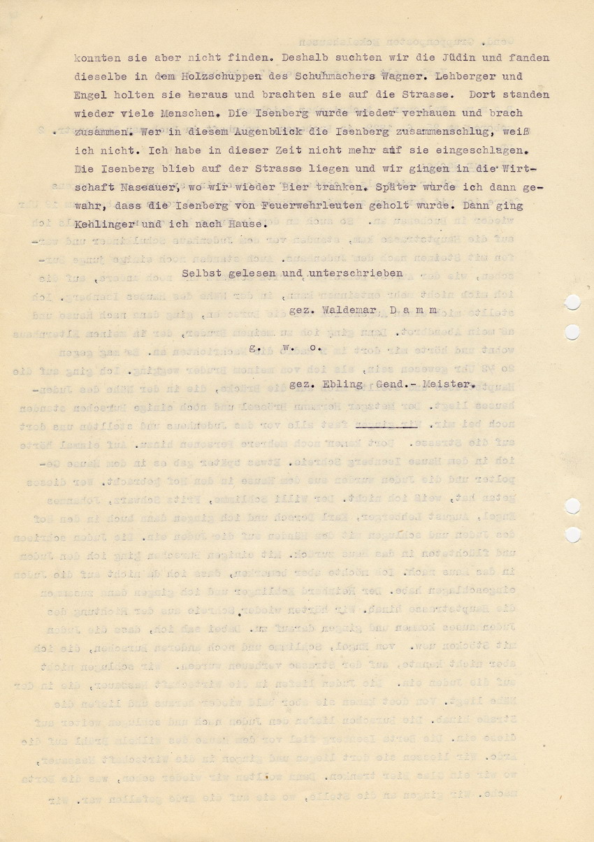 Gendarmerie-Gruppenposten Eckelshausen an den Oberstaaatsanwalt in Marburg betreffend die Straftat gegen die jüdischen Geschwister Isenberg in Buchenau am 05. September 1939 - Aussage Waldemar Damms. Eckelshausen, 16. November 1939