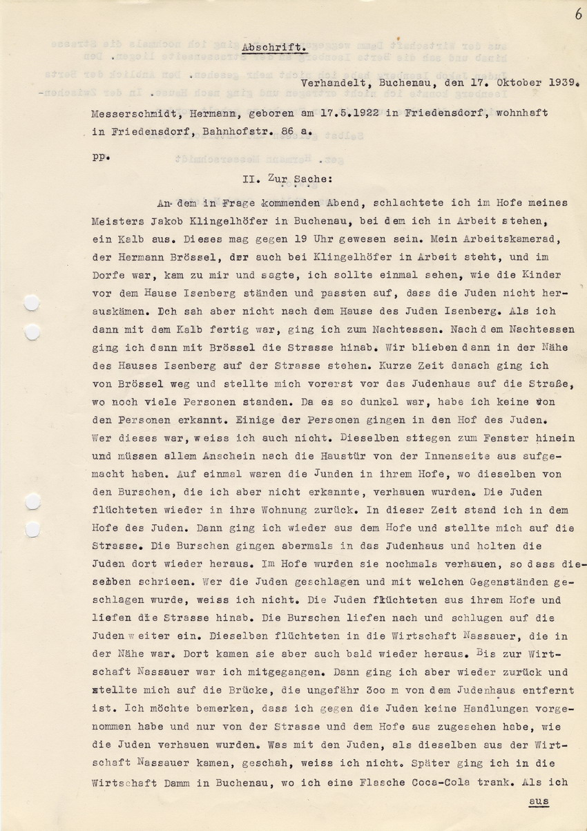 Gendarmerie-Gruppenposten Eckelshausen an den Oberstaaatsanwalt in Marburg betreffend die Straftat gegen die jüdischen Geschwister Isenberg in Buchenau am 05. September 1939 - Aussage Hermann Messerschmidts. Eckelshausen, 16. November 1939