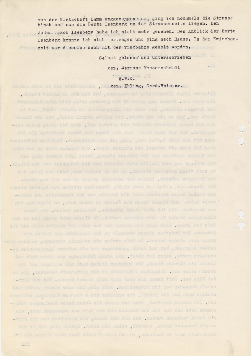 Gendarmerie-Gruppenposten Eckelshausen an den Oberstaaatsanwalt in Marburg betreffend die Straftat gegen die jüdischen Geschwister Isenberg in Buchenau am 05. September 1939 - Aussage Hermann Messerschmidts. Eckelshausen, 16. November 1939
