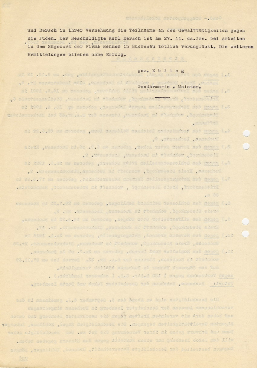 Gendarmerie-Gruppenposten Eckelshausen stellt Strafanzeige in der Straftat "Isenberg" in Buchenau gegen 11 Personen. Eckelshausen, 10. Dezember 1939