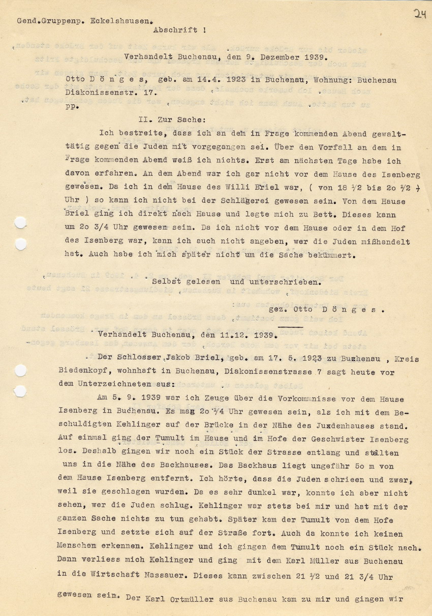 Gendarmerie-Gruppenposten Eckelshausen stellt Strafanzeige in der Straftat "Isenberg" in Buchenau gegen 11 Personen. Eckelshausen, 10. Dezember 1939