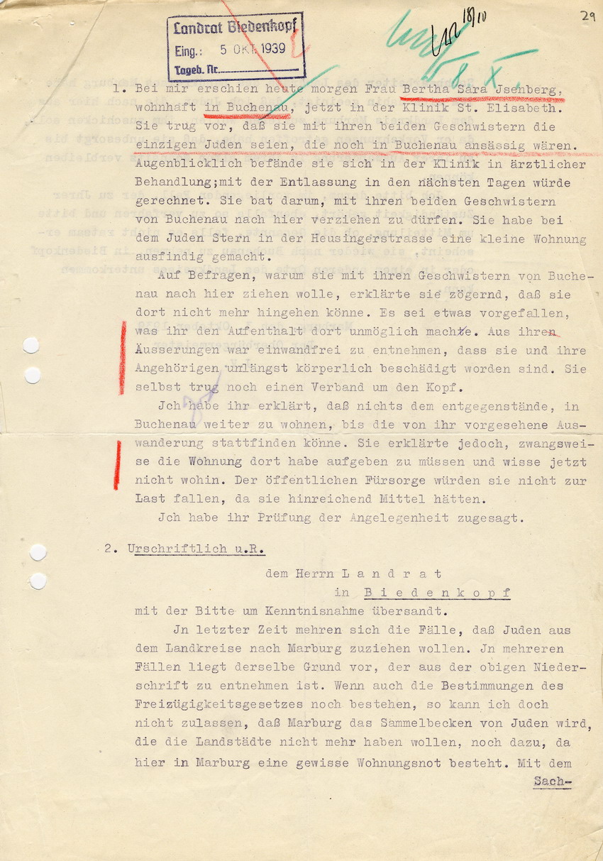 Oberbürgermeister von Marburg an den Landrat in Biedenkopf betreffend den Wegzug der Geschwister Isenbergs in die Stadt Marburg, im Zuge des gewaltsamens Übergriffs vom 05. September 1939. Marburg, 03. Oktober 1939