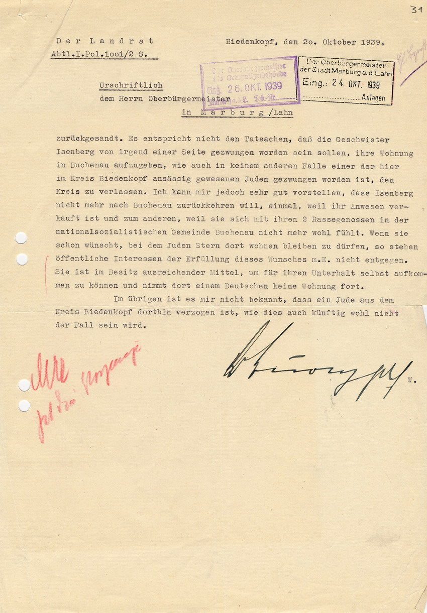 Landrat Biedenkopf an den Oberbürgermeister in Marburg betreffend den Umzug der Isenbergs von Buchenau nach Marburg, Bidenkopf, 20. Oktober 1939