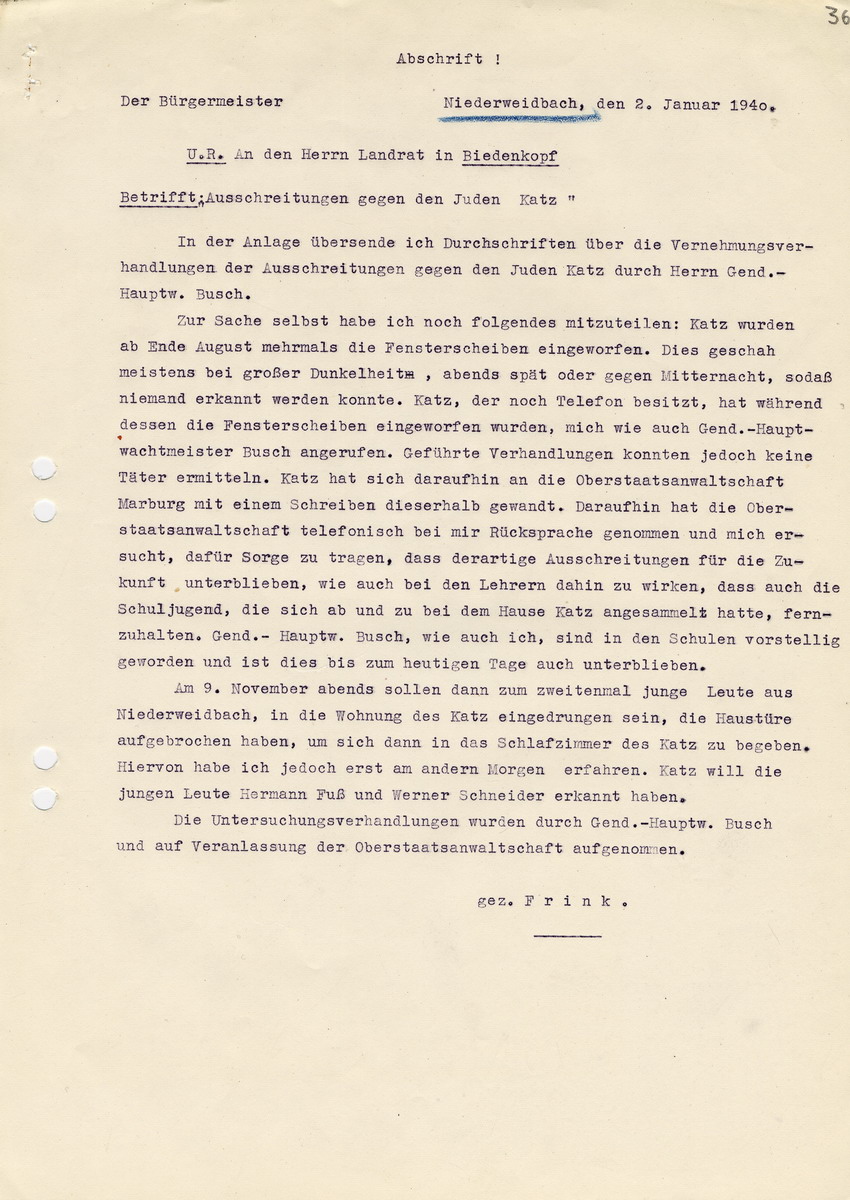 Bürgermeister von Niederweidbach an den Landrat in Biedenkopf betreffend die "Ausschreitungen gegen den Juden Katz". Niederweidbach, 02. Januar 1940