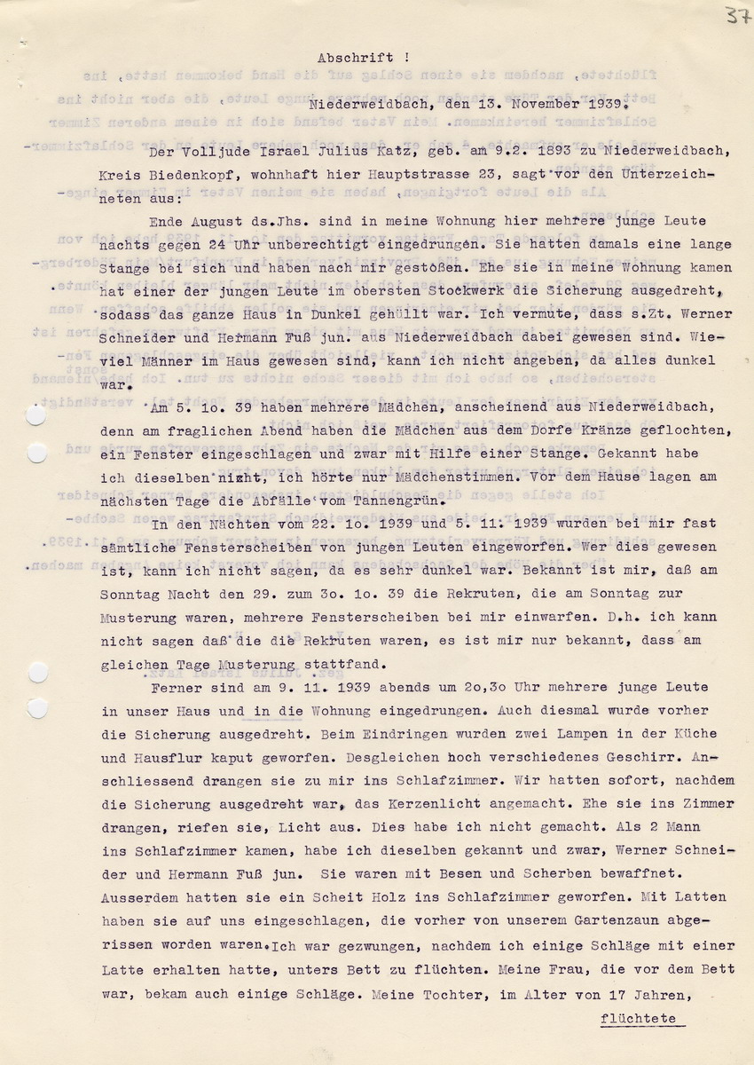 Bürgermeister von Niederweidbach an den Landrat in Biedenkopf betreffend die "Ausschreitungen gegen den Juden Katz". Niederweidbach, 02. Januar 1940