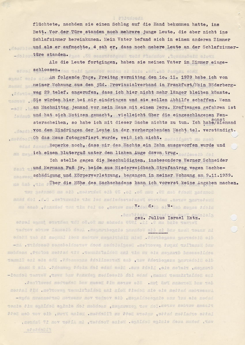 Bürgermeister von Niederweidbach an den Landrat in Biedenkopf betreffend die "Ausschreitungen gegen den Juden Katz". Niederweidbach, 02. Januar 1940