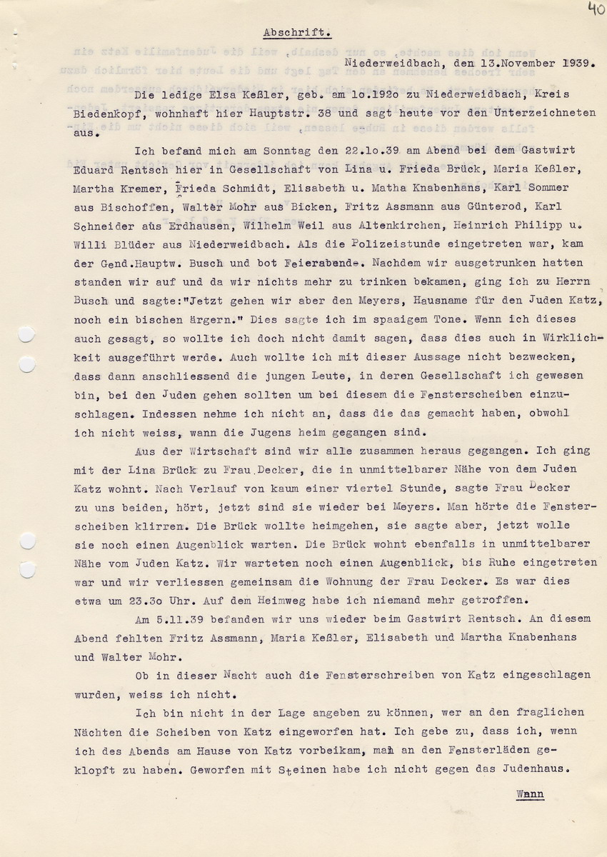 Bürgermeister von Niederweidbach an den Landrat in Biedenkopf betreffend die "Ausschreitungen gegen den Juden Katz". Zeugenaussage von Elsa Keßler, sowie ergänzende Bemerkung des Bürgermeisters. Niederweidbach, 02. Januar 1940