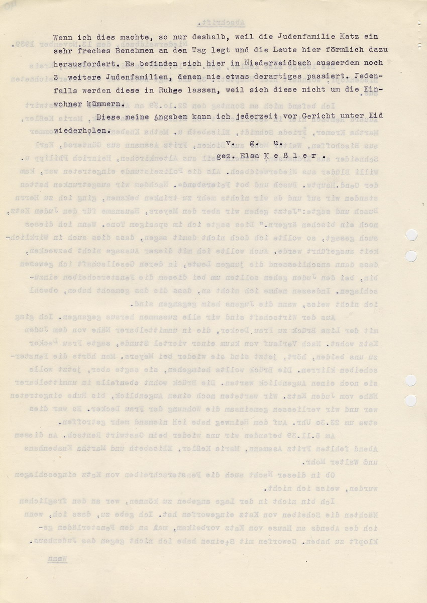 Bürgermeister von Niederweidbach an den Landrat in Biedenkopf betreffend die "Ausschreitungen gegen den Juden Katz". Zeugenaussage von Elsa Keßler, sowie ergänzende Bemerkung des Bürgermeisters. Niederweidbach, 02. Januar 1940