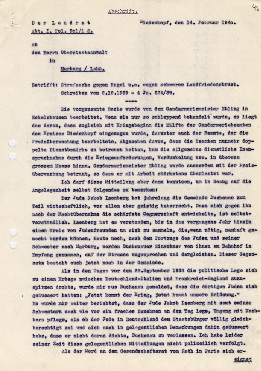 Landrat von Biedenkopf an den Oberstaatsanwalt von Marburg betreffend die "Strafsache gegen Engel u.a. wegen schweren Landfriedensbruch". Biedenkopf, 14. Februar 1940