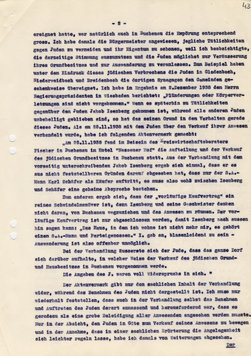 Landrat von Biedenkopf an den Oberstaatsanwalt von Marburg betreffend die "Strafsache gegen Engel u.a. wegen schweren Landfriedensbruch". Biedenkopf, 14. Februar 1940