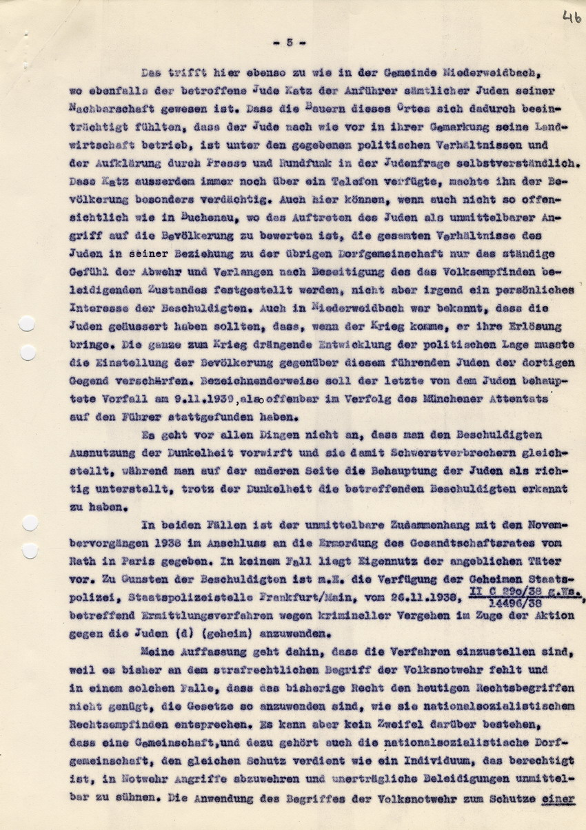 Landrat von Biedenkopf an den Oberstaatsanwalt von Marburg betreffend die "Strafsache gegen Engel u.a. wegen schweren Landfriedensbruch". Biedenkopf, 14. Februar 1940