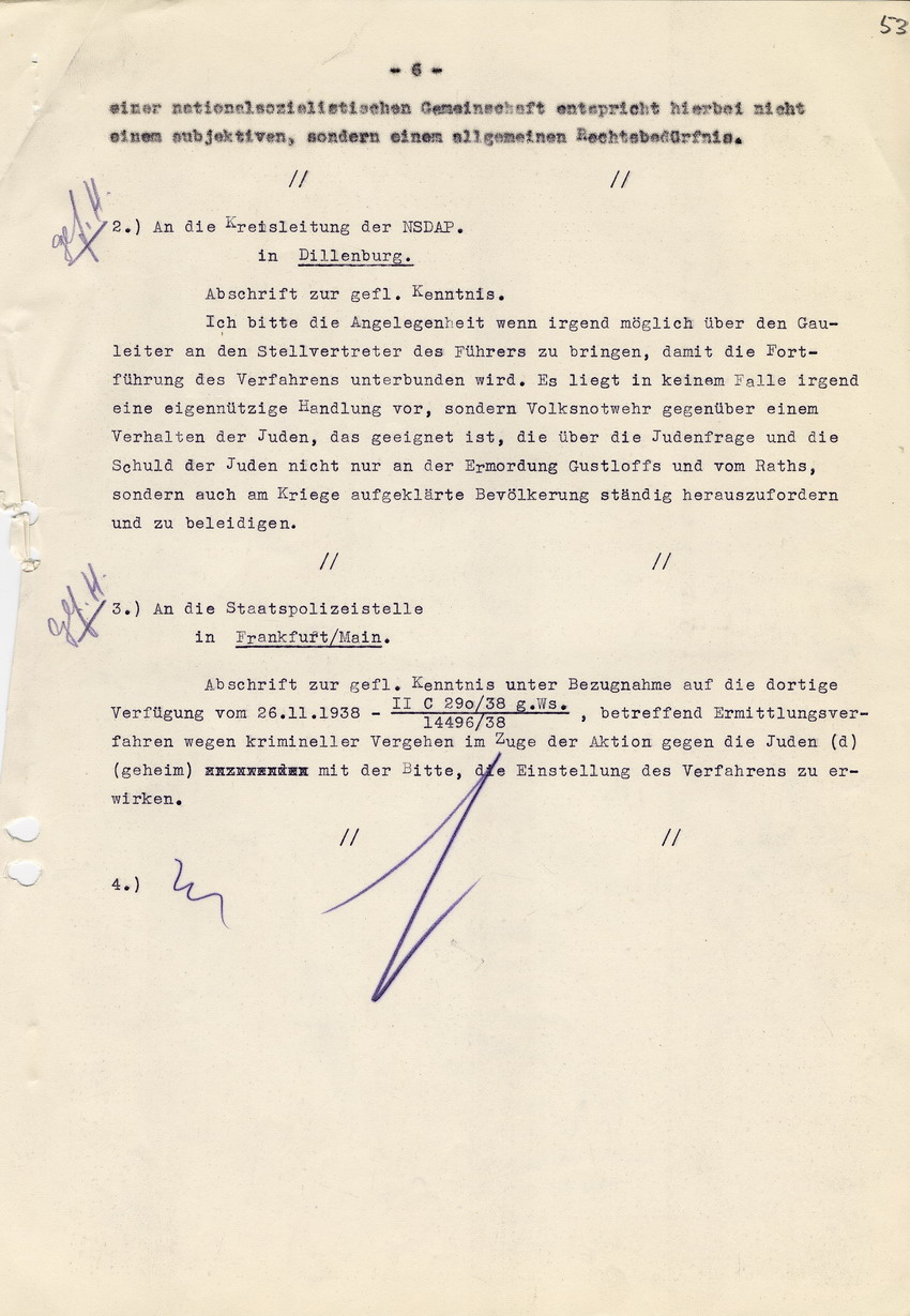 Landrat von Biedenkopf an den Oberstaatsanwalt von Marburg betreffend die "Strafsache gegen Engel u.a. wegen schweren Landfriedensbruch". Biedenkopf, 14. Februar 1940