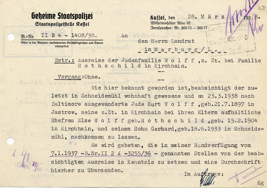 Schreiben der GeStapo in Kassel an den Landrat in Marburg betr. die Ausreise der Judenfamilie Wolff nach Baltimore, USA, 28. März 1938