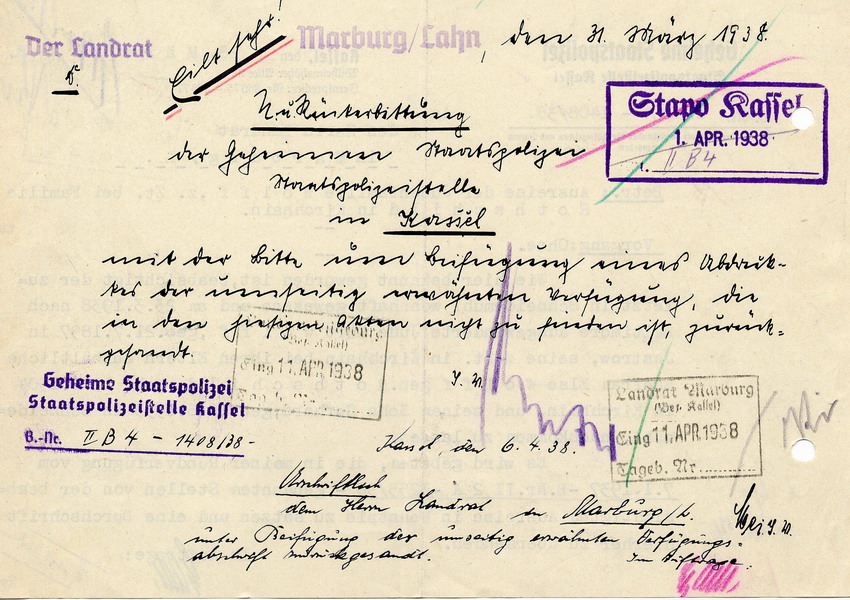 Schreiben der GeStapo in Kassel an den Landrat in Marburg betr. die Ausreise der Judenfamilie Wolff nach Baltimore, USA, 28. März 1938