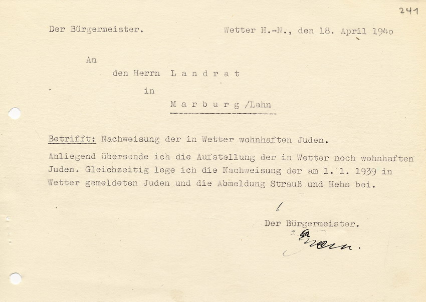 Schreiben des Bürgermeisters von Wetter an den Landrat in Marburg mit der Auflistung von ortsansässigen Juden, 18. April 1940