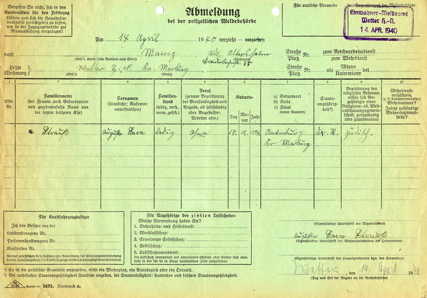 Schreiben des Bürgermeisters von Wetter an den Landrat in Marburg mit der Auflistung von ortsansässigen Juden, 18. April 1940