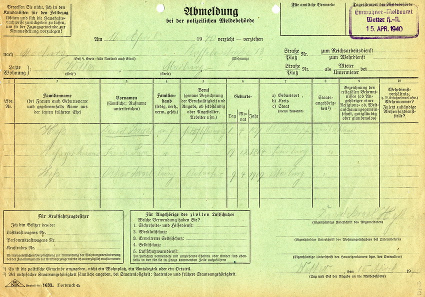 Schreiben des Bürgermeisters von Wetter an den Landrat in Marburg mit der Auflistung von ortsansässigen Juden, 18. April 1940