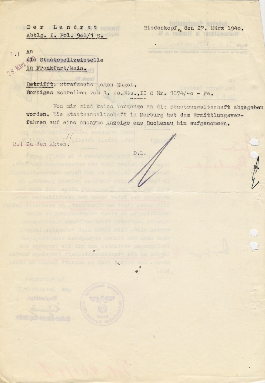 Geheime Staatspolizeistelle in Frankfurt a. M. an den Herrn Landrat in Biedenkopf betreffend "Strafsache gegen Engel und Andere wegen schweren Landfriedensbruch pp." Frankfurt a. M., 04. März 1940