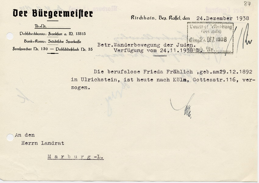 Schreiben des Bürgermeisters von Kirchain an den Landrat in Marburg betr. den Wegzug der Jüdin Frieda Fröhlich nach Köln, 24. Dezember 1938