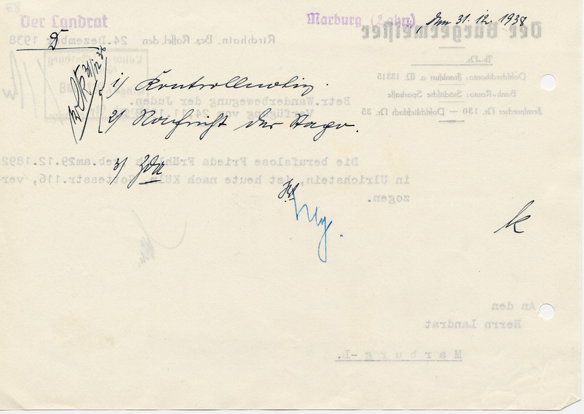 Schreiben des Bürgermeisters von Kirchain an den Landrat in Marburg betr. den Wegzug der Jüdin Frieda Fröhlich nach Köln, 24. Dezember 1938
