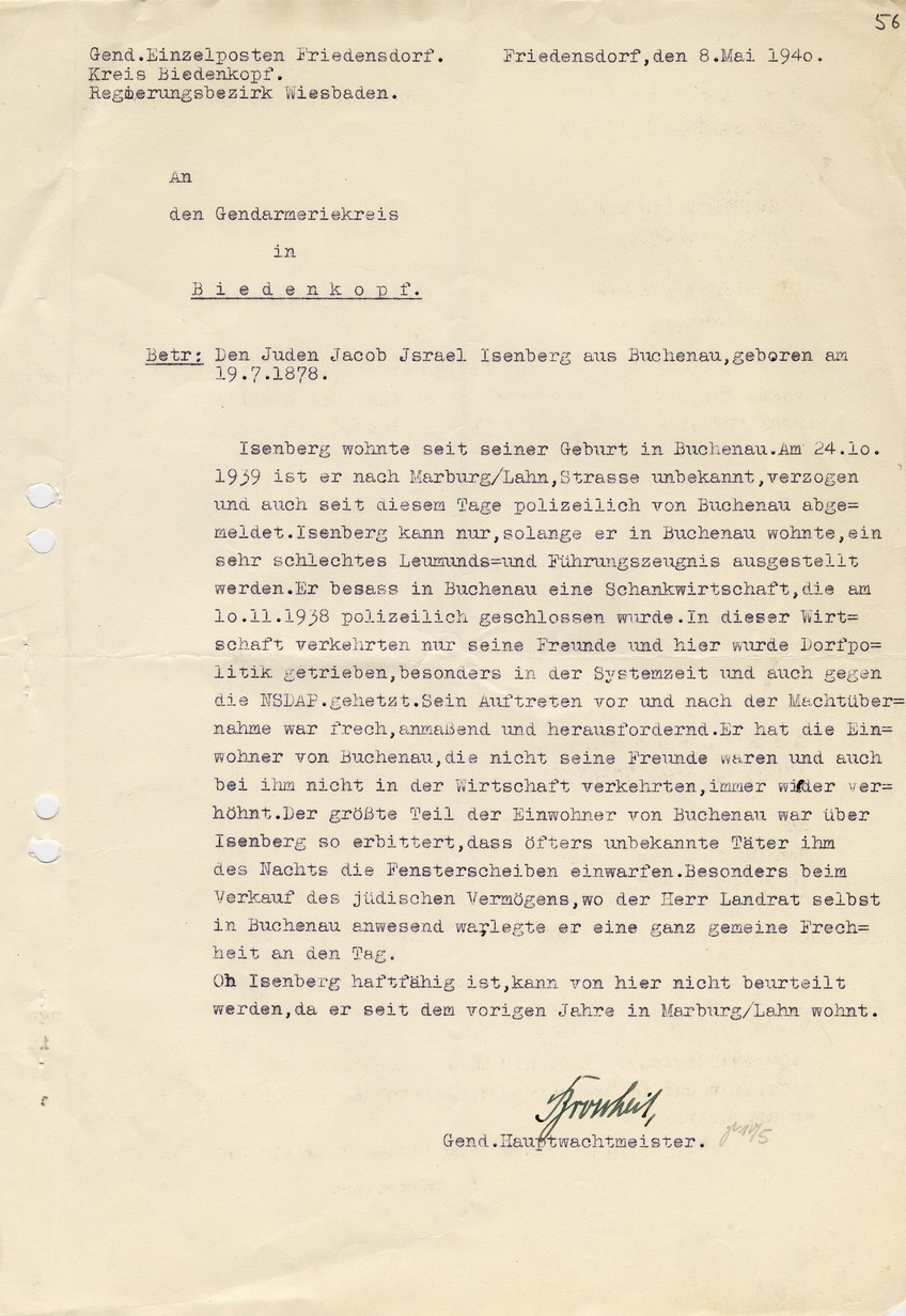 Geheime Staatspolizeistelle in Frankfurt a. M. an den Herrn Landrat in Biedenkopf betreffend "Leumunds- und Führungsbericht über Jakob Israel Isenberg." Frankfurt a. M., 15. April 1940