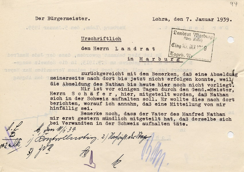 Antwortschreiben des Bürgermeisters von Lohra an den Landrat in Marburg betr. die fehlende Anzeige zur Auswanderung des Juden Manfred Nathan ll in die Schweiz, 07. Januar 1939