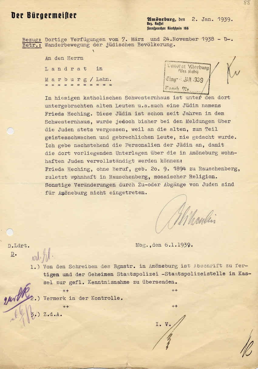 Schreiben des Bürgermeisters von Amöneburg an den Landrat in Marburg betr. die Meldung von Frieda Heching als Jüdin, 02. Januar 1939