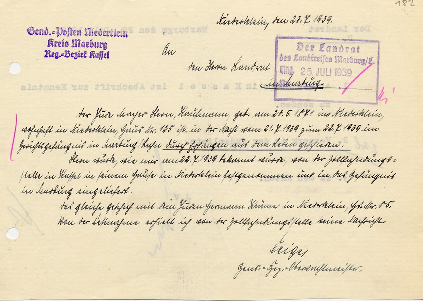 Schreiben des Gendarmerie - Posten in Niederklein an den Landrat in Marburg betr. den Selbstmord des Juden Meyer Stern im Gerichtsgefängnis in Marburg, 23. Juli 1939