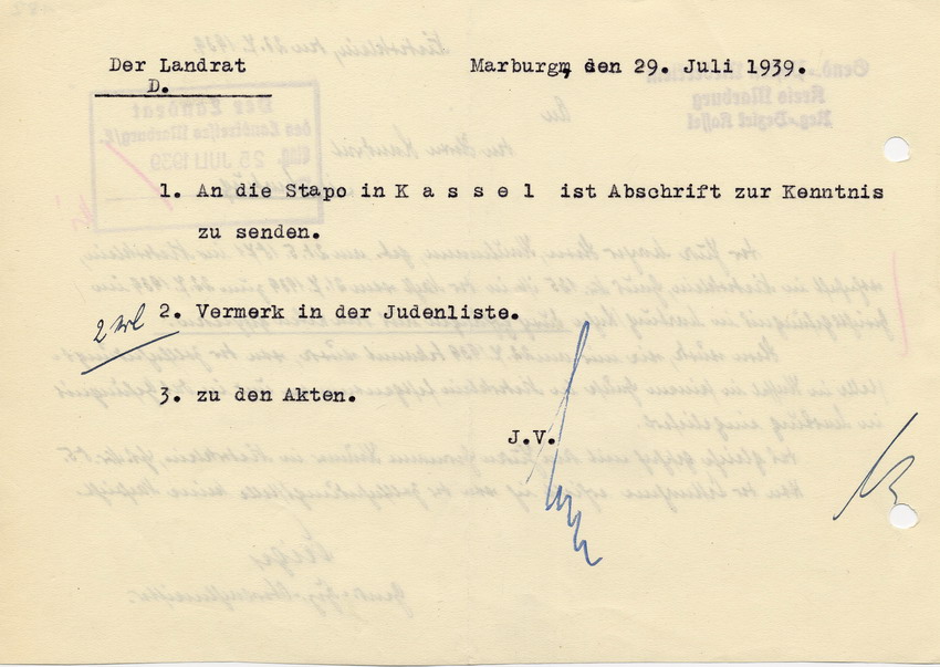 Schreiben des Gendarmerie - Posten in Niederklein an den Landrat in Marburg betr. den Selbstmord des Juden Meyer Stern im Gerichtsgefängnis in Marburg, 23. Juli 1939