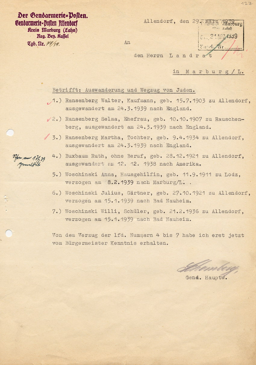 Schreiben des Gendarmerie -Posten Allendorf an den Landrat in Marburg betr. die Auswanderung und den Wegzug jüdischer Einwohner in Allendorf, 29. März 1939