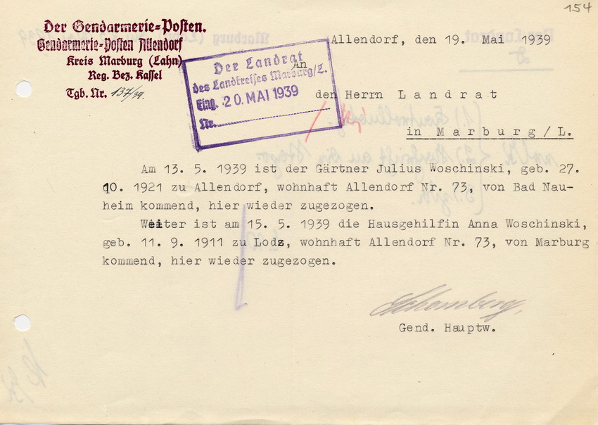 Schreiben des Gendarmerie-Posten Allendorf an den Landrat in Marburg betr. den Zuzug von Juden nach Allendorf, 19. Mai 1939