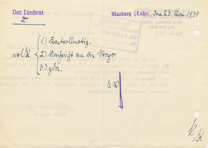 Schreiben des Gendarmerie-Posten Allendorf an den Landrat in Marburg betr. den Zuzug von Juden nach Allendorf, 19. Mai 1939