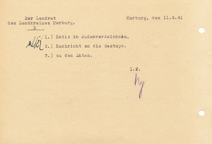 Schreiben des Bürgermeisters von Halsdorf an den Landrat in Marburg betreffend die Auswanderung der letzten Juden in Halsdorf,  08. Februar 1941