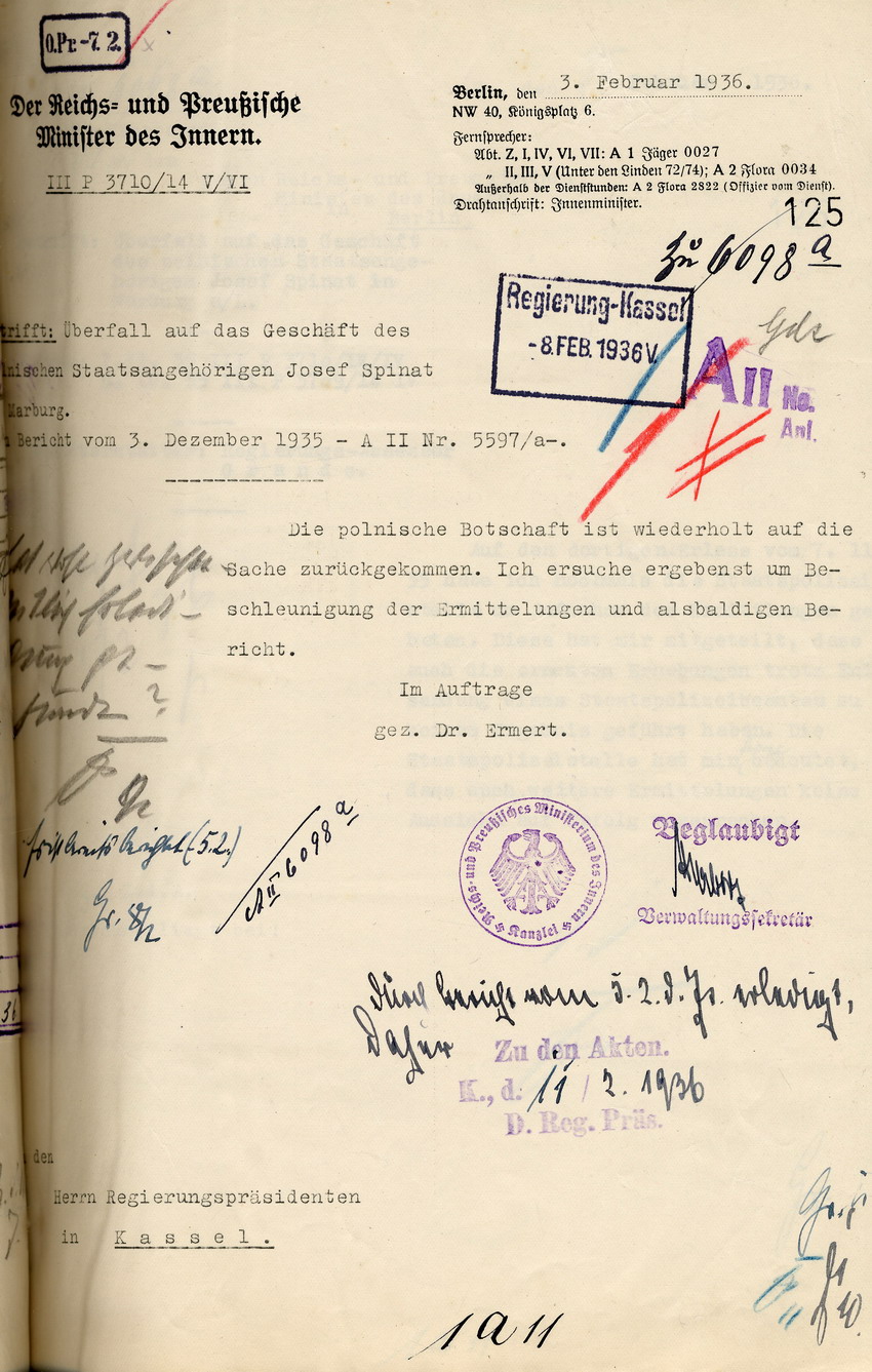 Der Reichs- und Preußische Minister des Innern, im Auftrag Dr. Ermert an den Regierungspräsidenten in Kassel, betreffend den Überfall auf das Geschäft des polnischen Staatsangehörigen Josef Spinat in Marburg. Berlin, 03. Februar 1936.