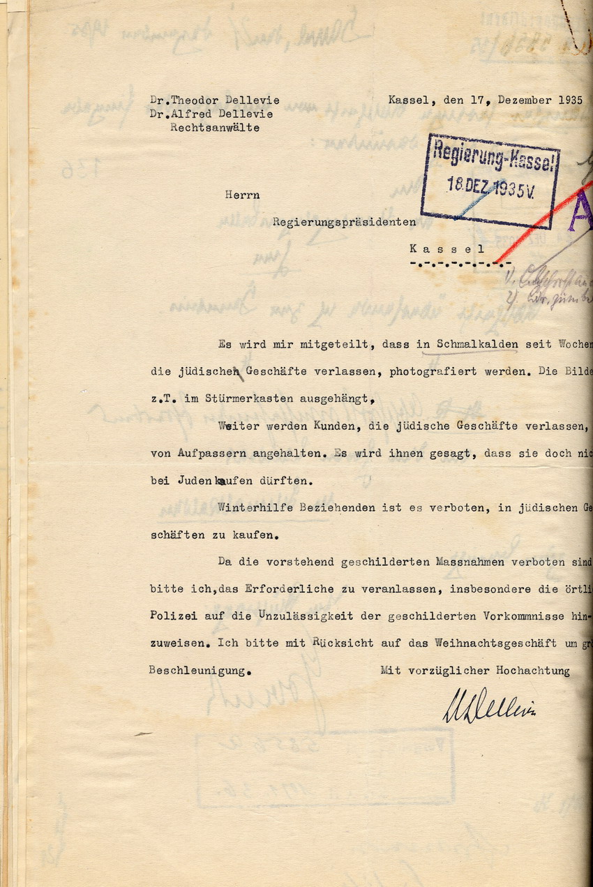 Rechtsanwälte Dr. Theodor und Dr. Alfred Dellevie an den Regierungspräsidenten in Kassel betreffend den Boykott und die Geschäftsschädigung jüdischer Läden in Schmalkalden. Kassel, 17. Dezember 1935
