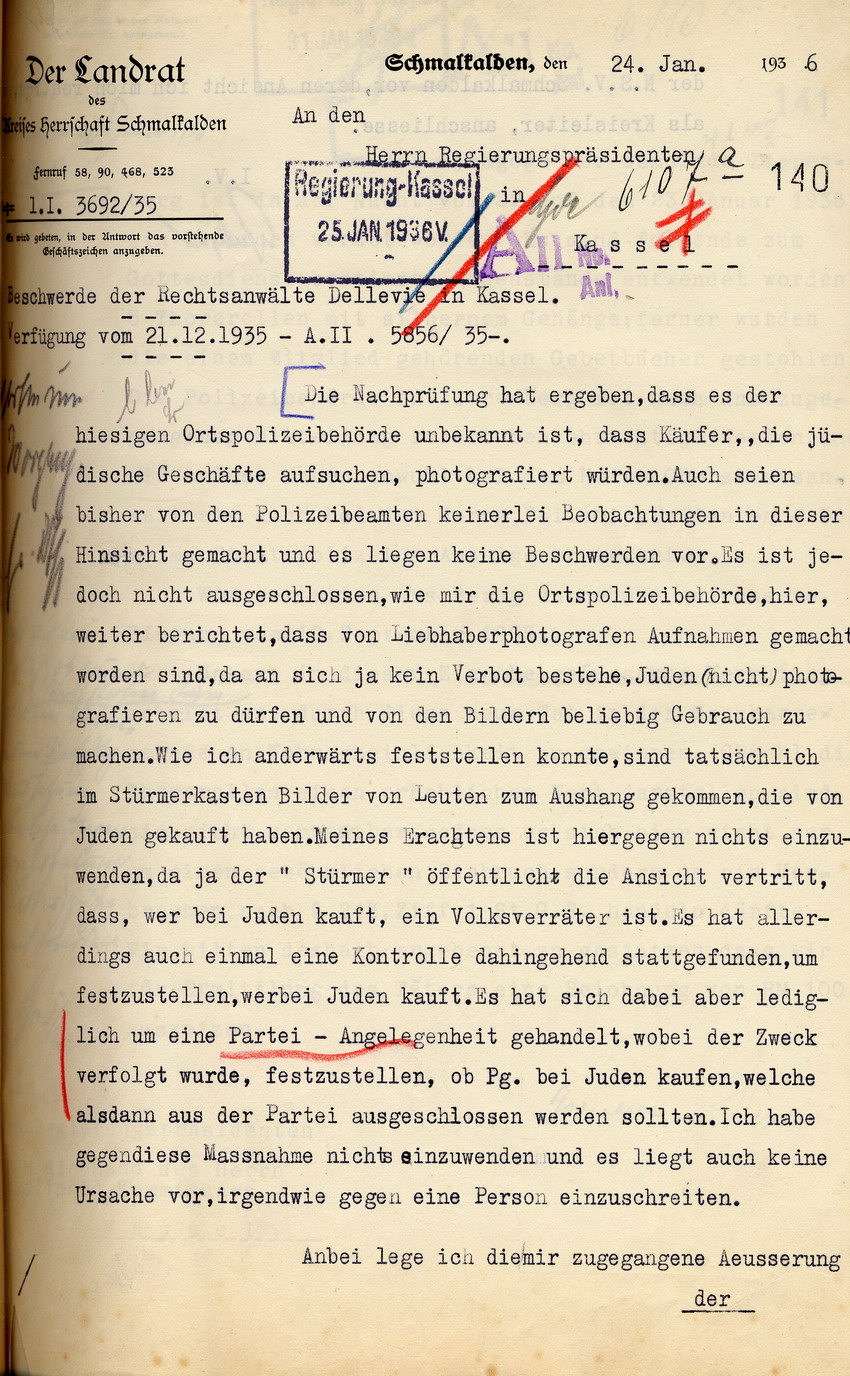 Landrat des Kreises Herrschaft Schmalkalden an den Regierungspräsidenten in Kassel betreffend die Nachprüfung der von Dellevie geschilderten Vorkommnisse um die jüdischen Geschäfte in Schmalkalden. Schmalkalden 24. Januar 1936