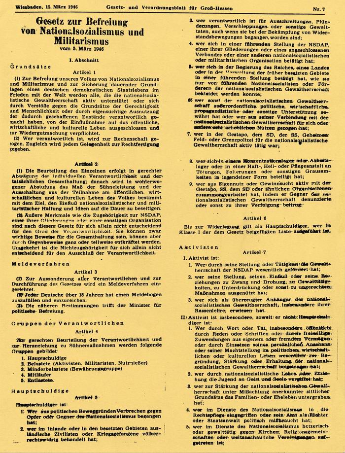 Bild zum Dokument Gesetz: zur Befreiung von Nationalsozialismus und Militarismus