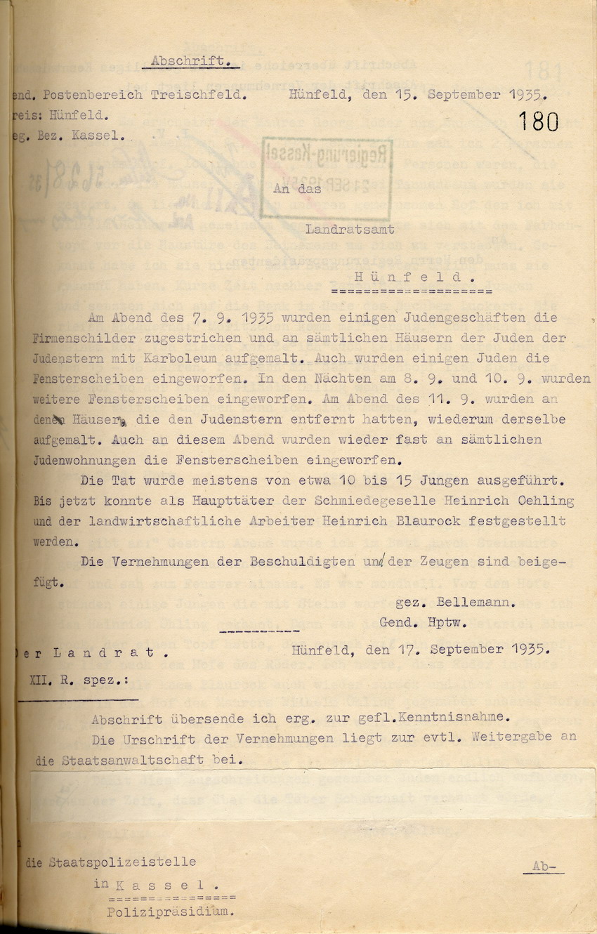 Gendarmeriehauptwachtmeister Bellemann an das Landratsamt Hünfeld,  betreffend die Sachbeschädigungen an jüdischen Häusern seitens Jugendlicher. Hünfeld, 15. September 1935.