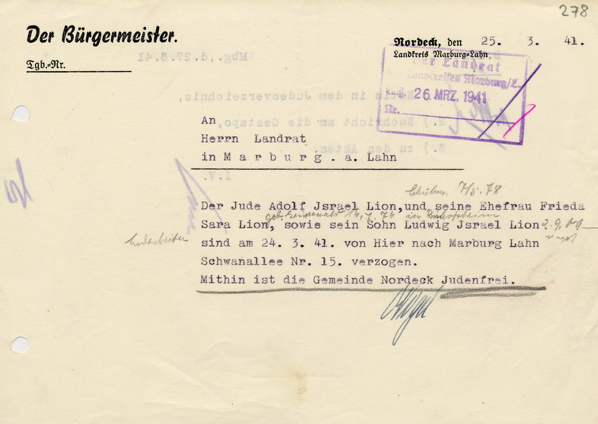 Schreiben des Bürgermeisters von Nordeck an den Landrat in Marburg betreffend die Auswanderung der letzten Juden in Nordeck,  25. März 1941