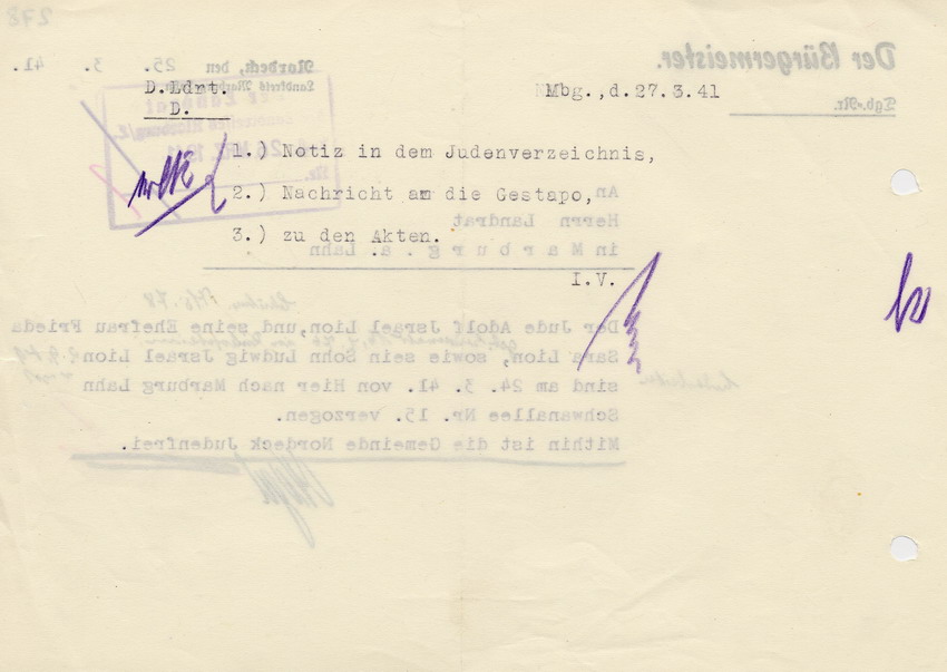 Schreiben des Bürgermeisters von Nordeck an den Landrat in Marburg betreffend die Auswanderung der letzten Juden in Nordeck,  25. März 1941