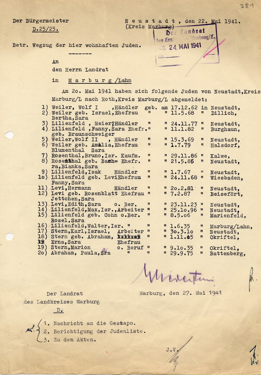 Schreiben des Bürgermeisters von Neustadt an den Landrat in Marburg betreffend den Wegzug diverser Juden von Neustadt nach Roth, 22. Mai 1941