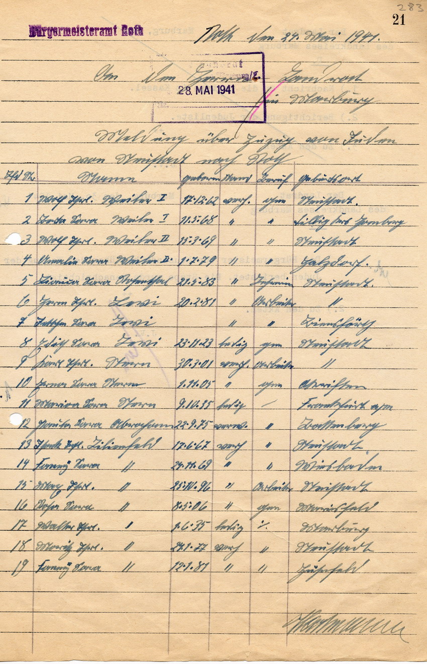 Schreiben des Bürgermeisteramtes Roth an den Landrat in Marburg betreffend den Zuzug diverser Juden von Neustadt nach Roth, 24. Mai 1941