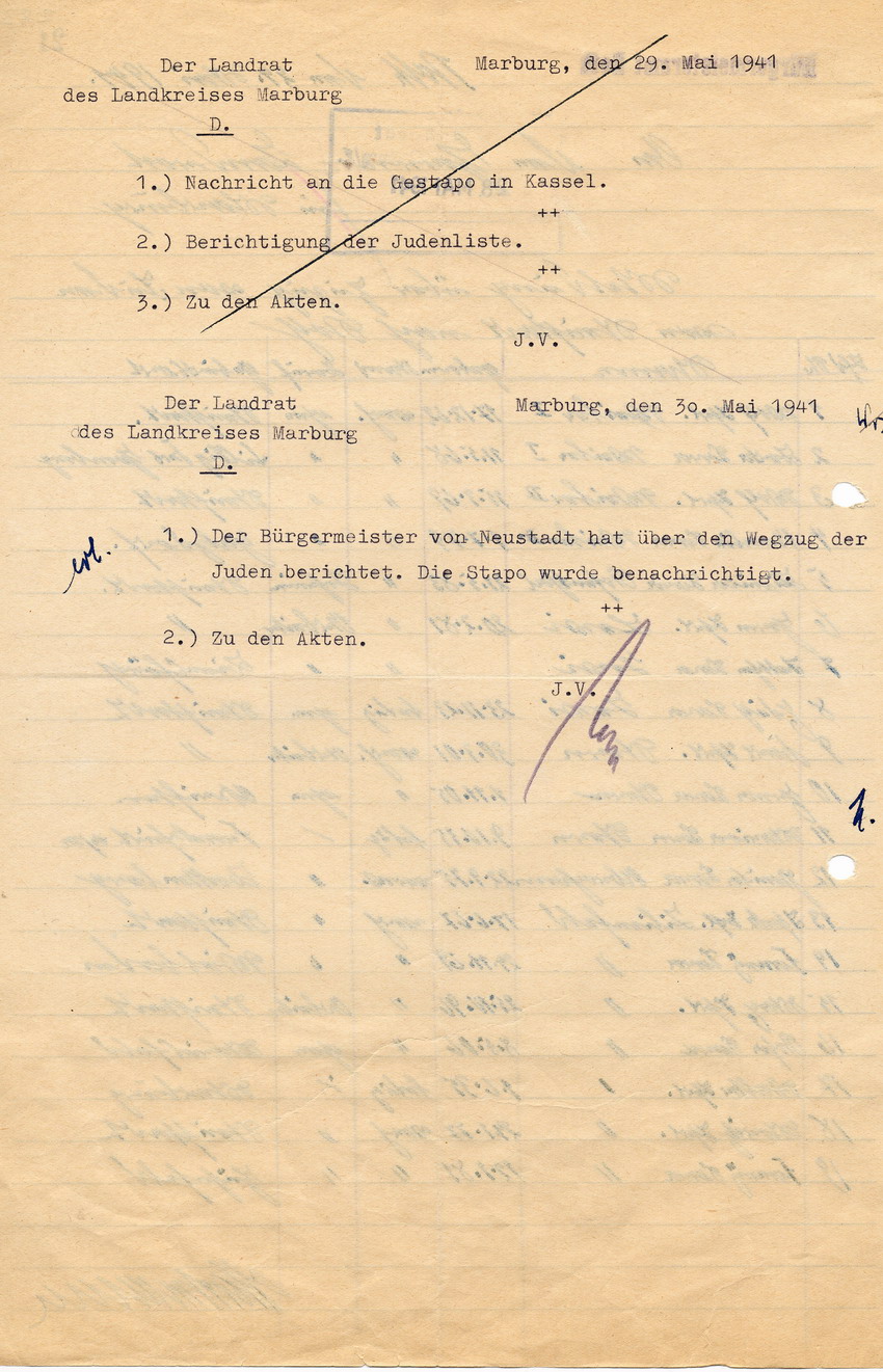 Schreiben des Bürgermeisteramtes Roth an den Landrat in Marburg betreffend den Zuzug diverser Juden von Neustadt nach Roth, 24. Mai 1941